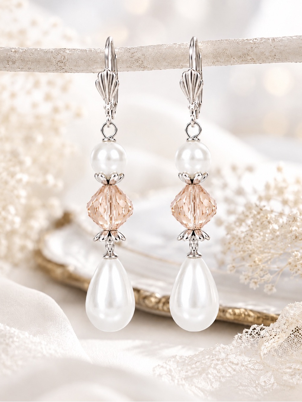 Blush Crystal Pearl Drop Earrings Bridal Leverback Dangle Earrings